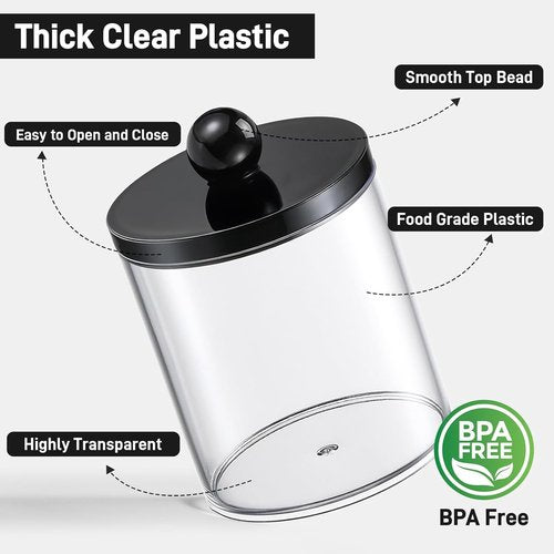 Clear & Black Acrylic Qtip Holder Dispenser Set | 3 Pack Cotton Swab Canisters for Bathroom Storage - Vanity Organizer