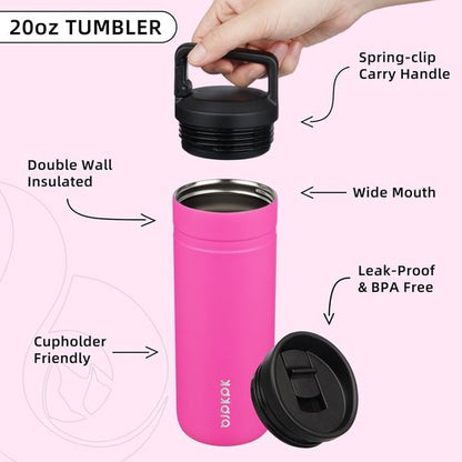 BJPKPK Insulated Water Bottle - 20 Oz Double Wall Stainless Steel Travel Mug | Barbie Pink with 2 Lids