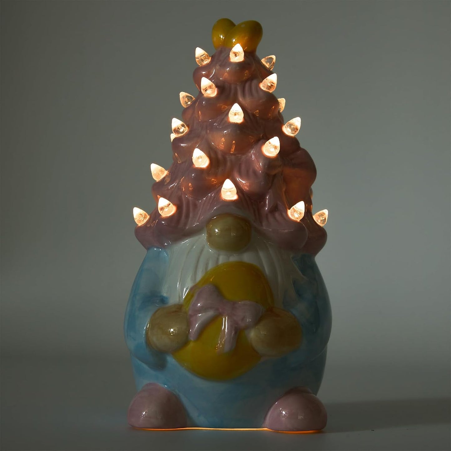 WDS Wondrous Lighted Gnome Figurine - Ceramic Battery Operated LED Easter Decor | Pink Hair Holding Egg, Spring Table Centerpiece