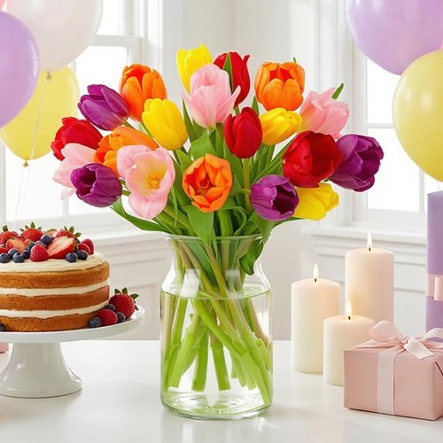 Benchmark Bouquets - Rainbow Tulips - Fresh Flowers Delivery for Mother's Day | 20 Stems with Glass Vase