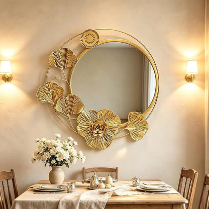 Gold 18" Round Wall Mirror with 3D Ginkgo Leaf Floral Frame