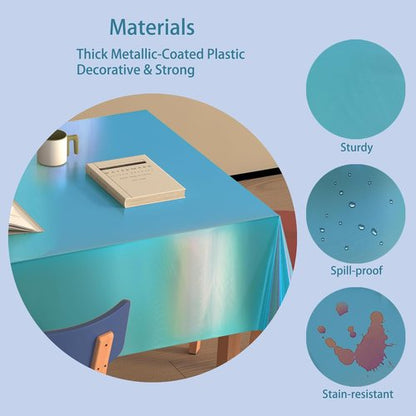 4 Pack Iridescent Plastic Tablecloths - Sparkly Foil Disposable Covers for Rectangle Tables | 54 x 108 Inch
