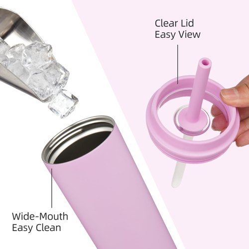 BJPKPK Insulated Tumbler - 20 oz Stainless Steel Travel Mug with Lid & Straw | Light Pink, Spill-Proof Design