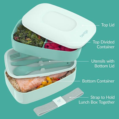 Bentgo Classic - Stackable 3-Compartment Bento Box with Utensil Set | BPA-Free Meal Prep Container (Coastal Aqua)