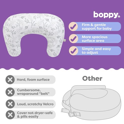 Boppy Nursing Pillow - Firm, Ergonomic U-Shaped Bottle and Breastfeeding Pillow with High Lift for Comfort and Support, Spacious Surface - Gray Gentle Leaves