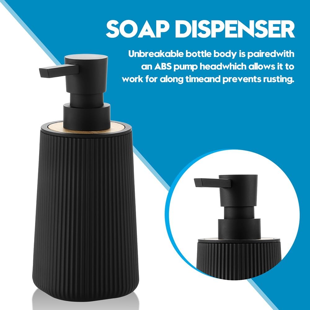 Skiennix Soap Dispenser - Modern Farmhouse Striped Design | Plastic Hand Soap Holder with Bamboo Accent - Black