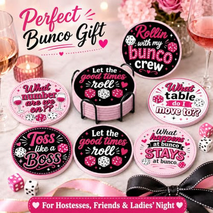 Pink Black Ceramic Coasters Set with Metal Holder - Bunco Party Supplies 6-Pack