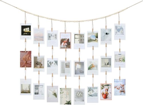 KLOGTSIND Hanging Photo Display - Boho Wooden Beads Garland with 28 Clips | Collage Art Holder for Room Decor