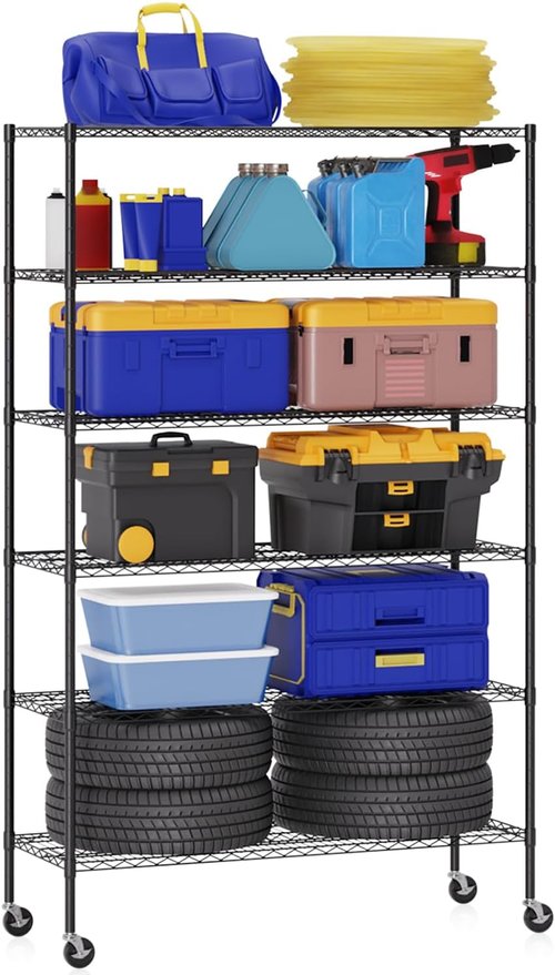 BestOffice 6-Tier Wire Storage Shelves - Heavy-Duty Adjustable Racks with Wheels | 48x18x77 | Black | Easy No-Tool Assembly