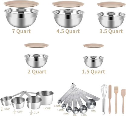 WEPSEN Mixing Bowls Set - 25PCS Khaki Stainless Steel Bowls With Lids | Large 7QT to 1.5QT Sizes for Cooking & Serving