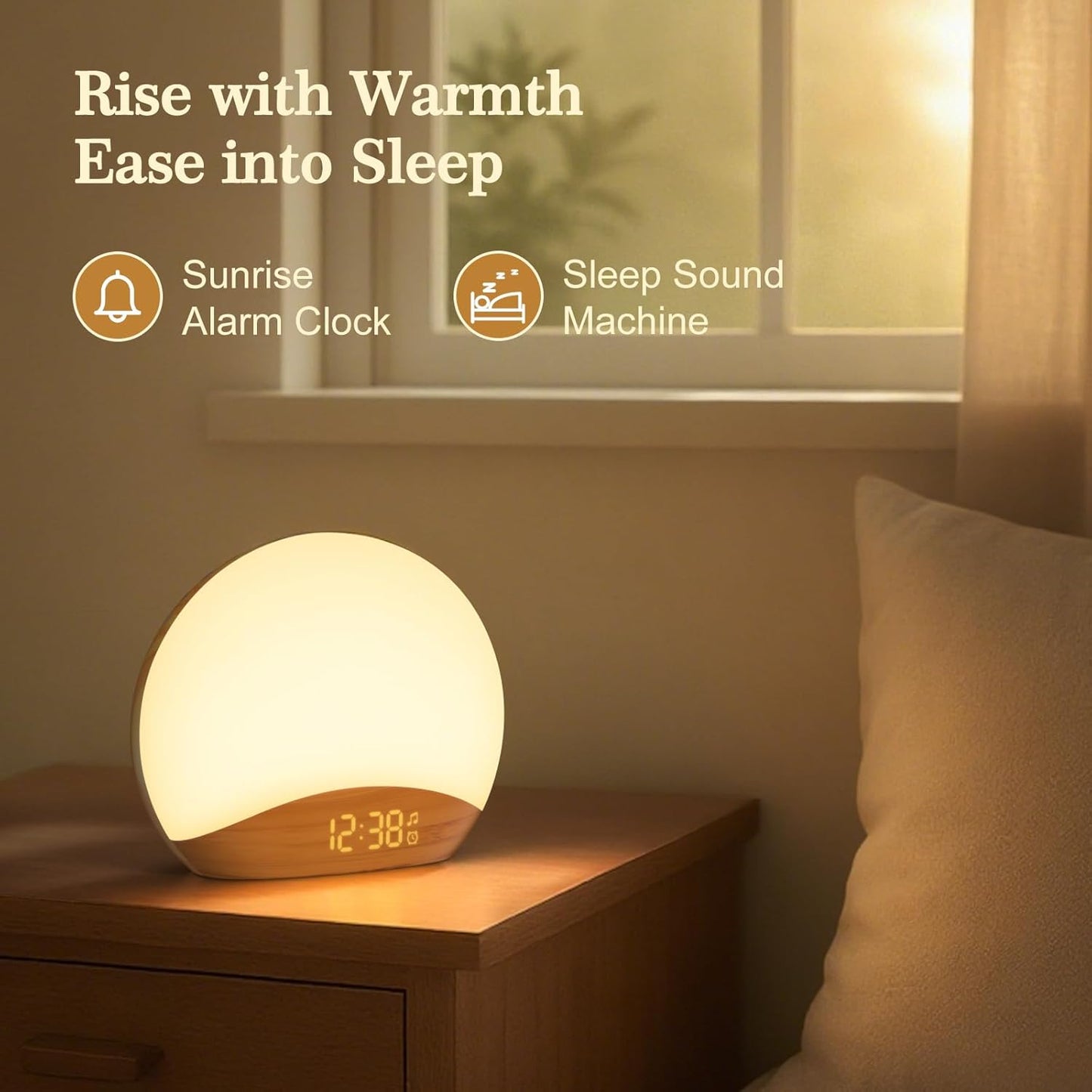 REACHER Sunrise Alarm Clock - Wood Grain Design with 26 Sleep Sounds & Dimmable Nightlight | Perfect for Kids & Adults