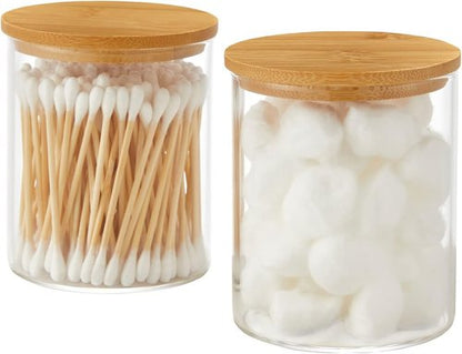 INIUNIK Glass Qtip Holder Dispenser - 2 Pack Bamboo Lid Apothecary Jars for Cotton Swabs & Pads Storage