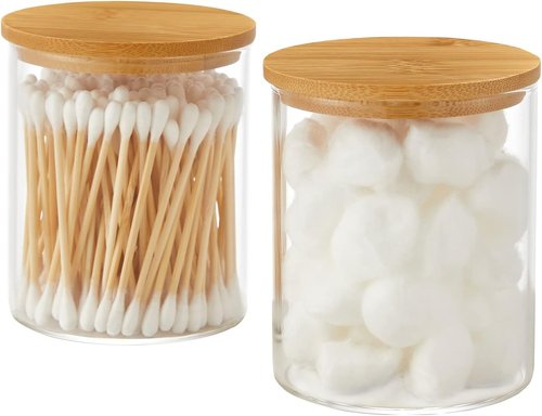 INIUNIK Glass Qtip Holder Dispenser - 2 Pack Bamboo Lid Apothecary Jars for Cotton Swabs & Pads Storage