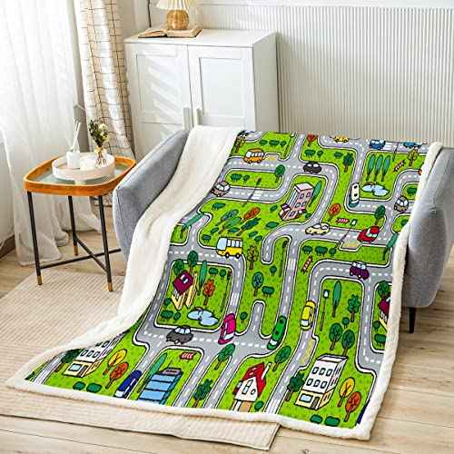 Baby 30"x40" Playing Car Fuzzy Blanket Road and Traffic Flannel Fleece Throw Blanket for Sofa Couch Toddler Soft Coloful Fun Game Sherpa Blanket All Season Educational Race Track Plush Blanket