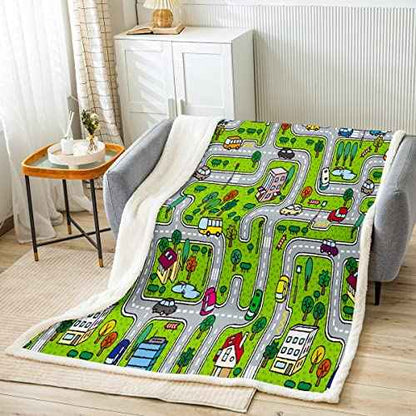 Baby 30"x40" Playing Car Fuzzy Blanket Road and Traffic Flannel Fleece Throw Blanket for Sofa Couch Toddler Soft Coloful Fun Game Sherpa Blanket All Season Educational Race Track Plush Blanket
