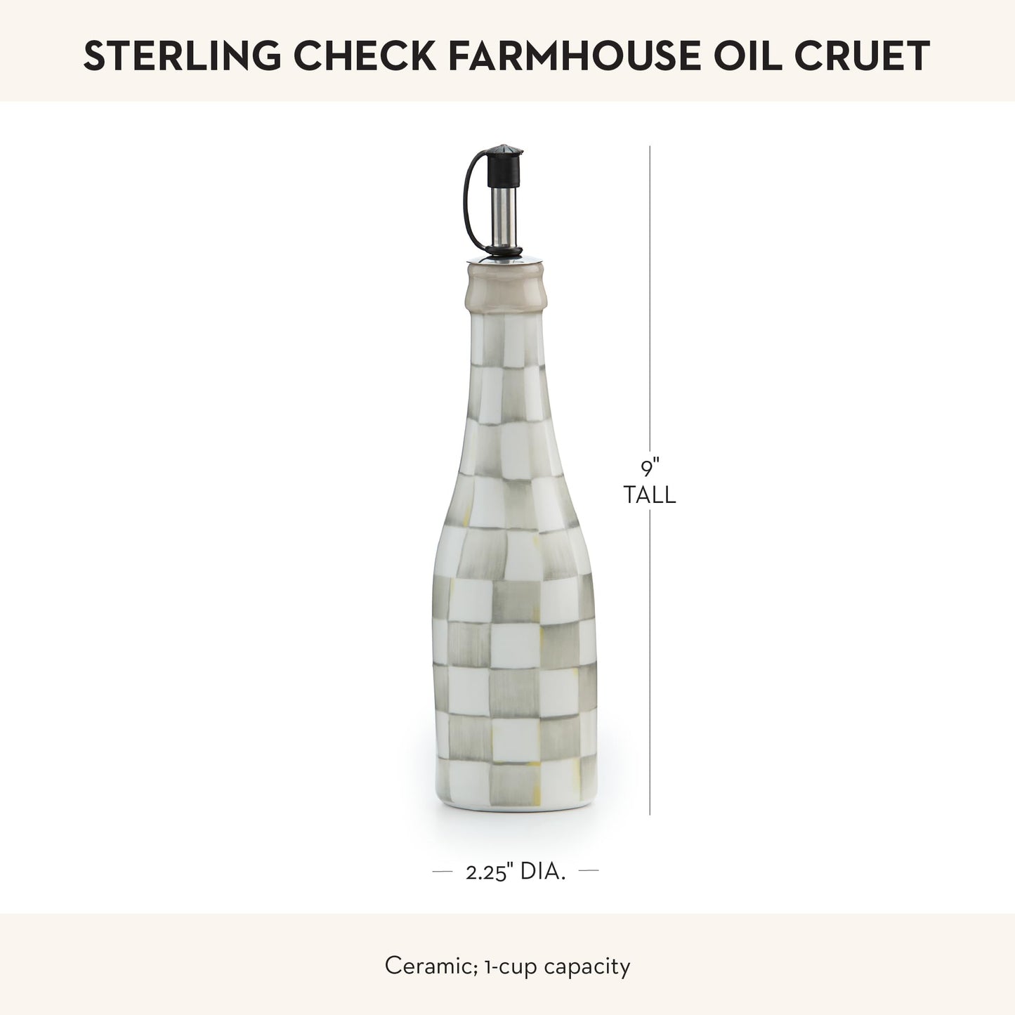 MACKENZIE-CHILDS Farmhouse Oil Cruet, Ceramic Oil-Dispenser Bottle, Gray-and-White Sterling Check
