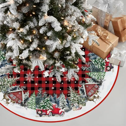 Red Buffalo Plaid Christmas Tree Skirt 48 Inch with Truck Design