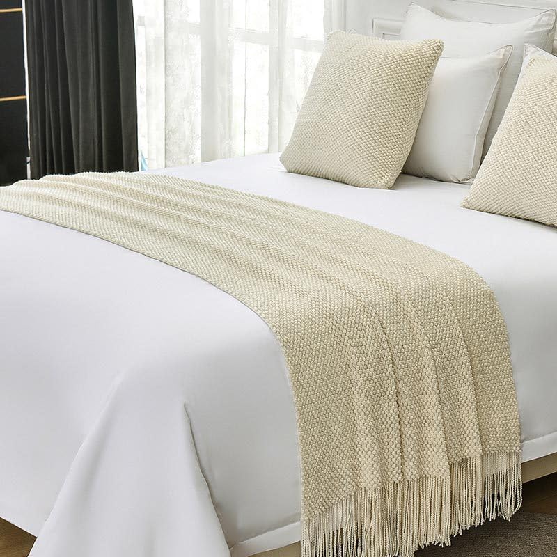 King Size Cotton Knit Bed Runner with Tassels - Beige 60x260cm / 23.6x102in