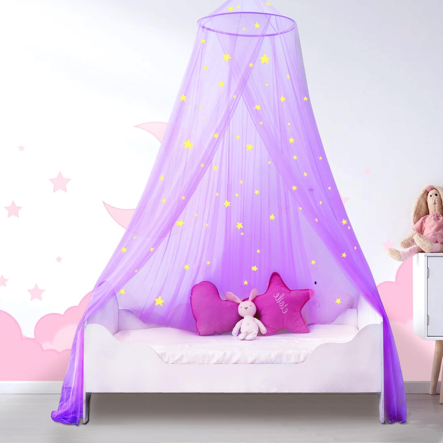 South to East Princess Bed Canopy for Girls with Glowing Stars, Purple Bed Canopy for Girls Room, Bed Canopy Curtains from Ceiling for Twin Beds, Full Size Beds, Ideal Gift for Girls