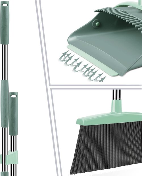 Ivandar Broom and Dustpan Set - Long Handle Combo for Effortless Sweeping | Gray & Green