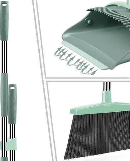 Ivandar Broom and Dustpan Set - Long Handle Combo for Effortless Sweeping | Gray & Green
