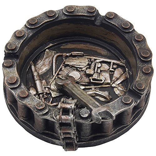 Motorcycle Chain Ashtray with Wrench and Bike Motif - Biker Bar Decor