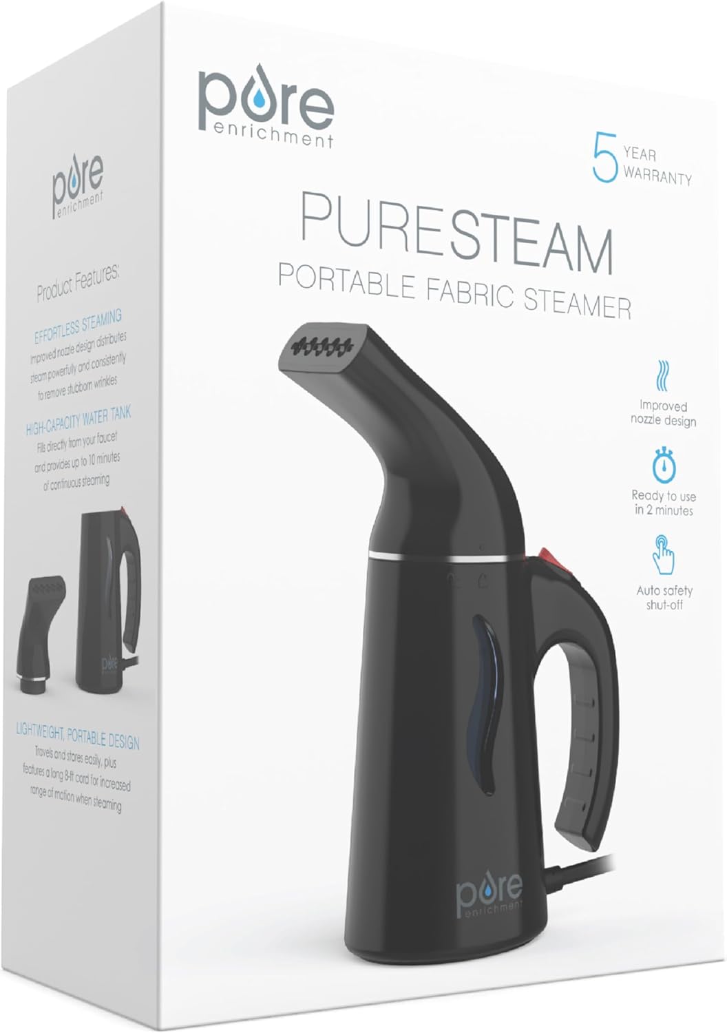 Pure Enrichment Portable Fabric Steamer - Handheld Travel Steamer for Wrinkle Removal | Fast-Heating, Lightweight, Auto Shut-Off (Black)
