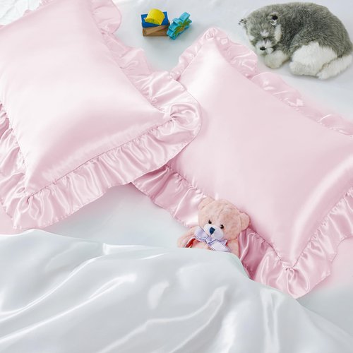Entisn Ruffle Satin Toddler Pillowcase Set of 2, 13 x 18 Inch Toddler Silky Pillow Covers with Envelope Closure, Anti Wrinkle Soft Travel Pillow Case Nursery Pillow Sham for Girls, Boys (Baby Pink)