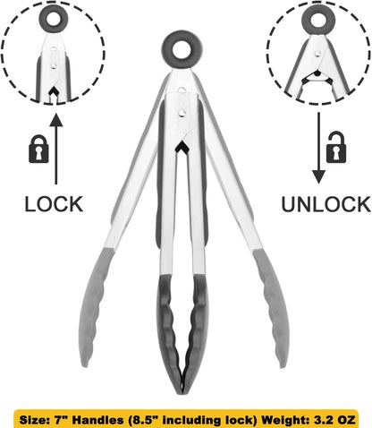 Skiennix 7-Inch Mini Silicone Tongs - Set of 3 in Black, Gray, and White for Easy Serving