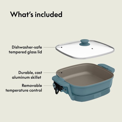 Bella Make & Take Electric Skillet - Adjustable Temperature | Dishwasher-Safe Glass Lid, 1200W, Surf Color