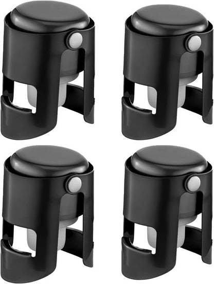 Champagne Stoppers with Stainless Steel Champagne Saver with Food Grade Silicone Leak proof Keep Fresh Suitable for Champagne, Cava, Prosecco and Sparkling (Black, 4 Pack)