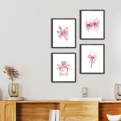 JINYO Coquette Pink Bow Wall Art Prints - Set of 4 Preppy Girly Decor for Girls' Room | 8x10 Unframed