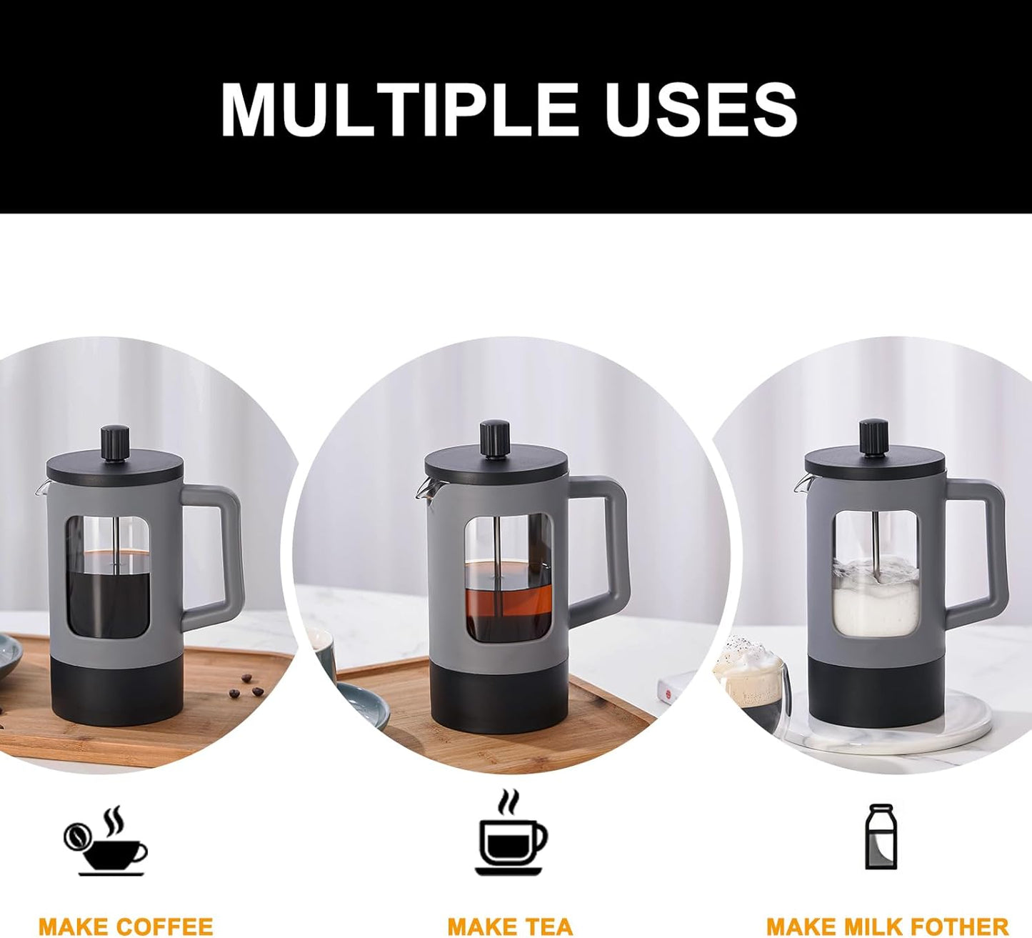 YOLIFE French Press Coffee Maker - 21 oz Portable Tea & Coffee Press with Heat-Resistant Glass | Grey & Black