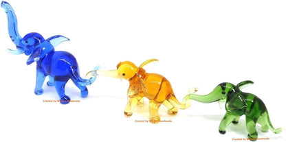 Skiennix Handmade Mini Elephant Family Figurines - 2" Blown Glass Art, Multicolor Jungle Decor