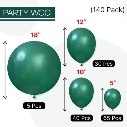 PartyWoo Pearl Dark Green Balloons - 140pcs Jungle Dinosaur Party Decoration Kit | 5-12 Inch Sizes