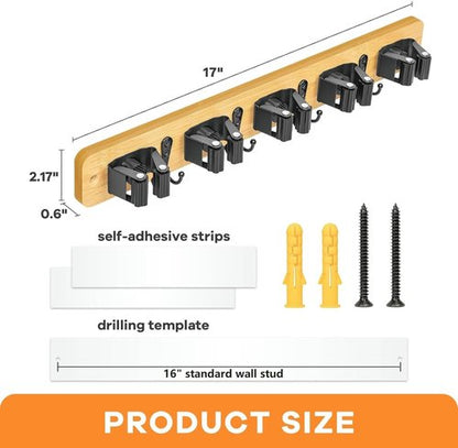 IMILLET Broom Holder Wall Mount - Bamboo Mop Hanger with 5 Racks & 4 Hooks | Home Organization Solution