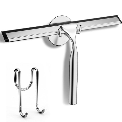 FARMER Shower Squeegee for Glass Doors, 10-Inch Glass Squeegee for Windows, Car Glass and Mirrors, Multi-Purpose Stainless Steel Squeegee with Suction Wall Hook and Over Door Hook, Silver