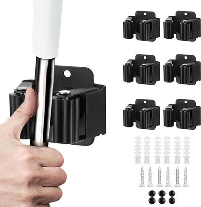 JAMEND Heavy-Duty Broom and Mop Holder - 6-Piece Stainless Steel Organizer Rack | Matte Black