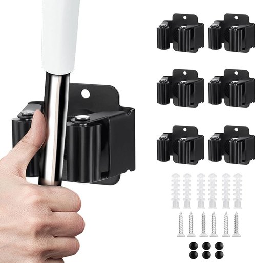 JAMEND Heavy-Duty Broom and Mop Holder - 6-Piece Stainless Steel Organizer Rack | Matte Black