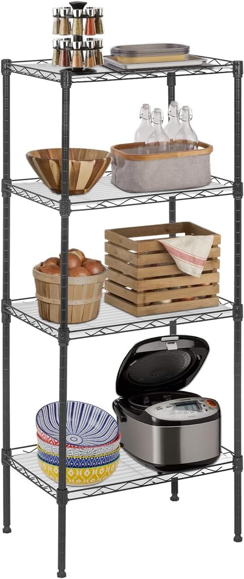 FDW Metal Wire Shelves - 4-Tier Storage Solution with 4 PP Sheets | Versatile Black Shelving for Laundry, Bathroom, Kitchen, Garage (18L x 12W x 44H)