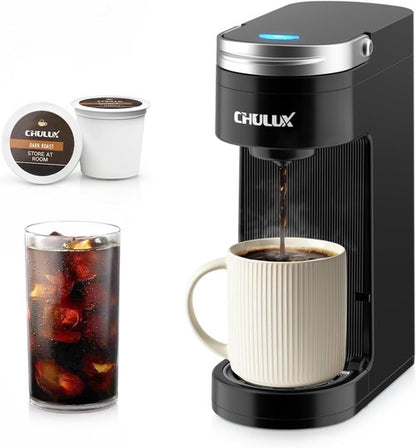 CHULUX Slim Single Serve Coffee Maker - Compact K Cup Pod Machine for Home, Office & Travel | Matte Black