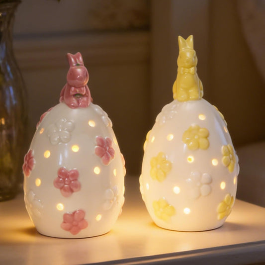 WDS WONDROUS Light Up Easter Decorations - LED Bunny & Egg Figurines Set | White Ceramic Spring Decor (2PCS)