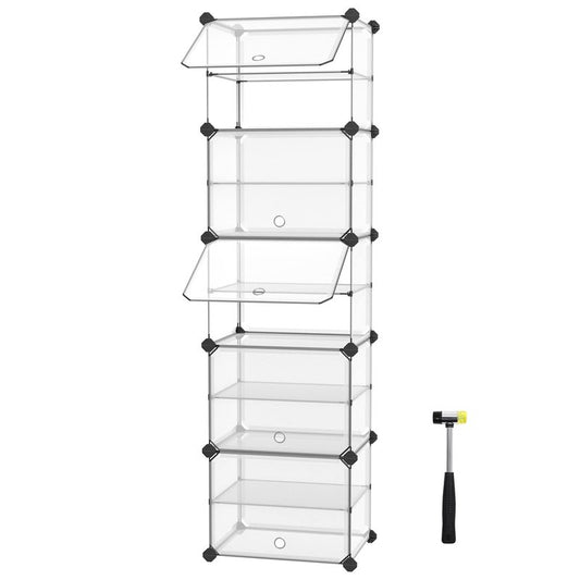 SONGMICS Shoe Rack, 10-Slot Storage Organizer Unit with Doors, Portable Cube Shoe Storage Organizer, Plastic Modular DIY Storage Shelf, Closet Divider for Clothes Bags Toys, Transparent ULPC506T01