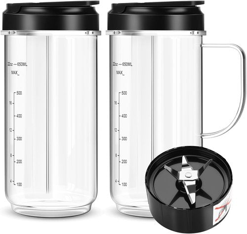 Magic Bullet Blender Cups - 22oz Tall Replacement Cups with Flip Top Lid & Cross Blade | 2 Pack