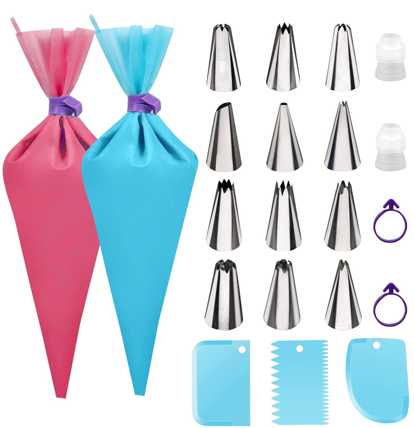 TEQIFU Piping Bags and Tips Set - Cake decorating kit - 2 Pack 12IN Reusable Food Grade Icing Bags12 Frosting Tips for Baking,Decorating Cake,Cookies,2 Couplers & 2 Bag Ties Include,3 Cake Scraper