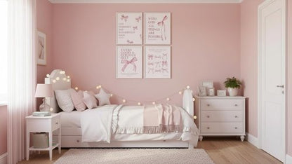 Coquette Pink Bow Wall Art - Set of 4 Inspirational Canvas Prints | 10x8 Inch Unframed Decor for Teens