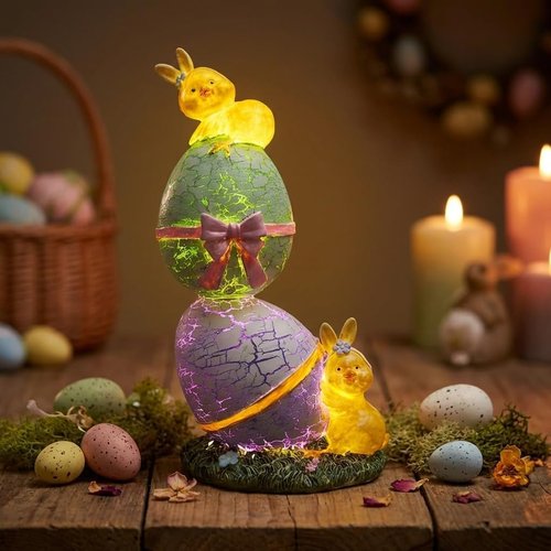 **Regine Switzerland Lighted Easter Eggs - Cute Resin Chick Figurines for Spring Decor | 6.5" H Purple & Green**
