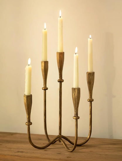 Tall Cast Iron Candle Holder Set – 5-Arm Candelabra in Matte Gold