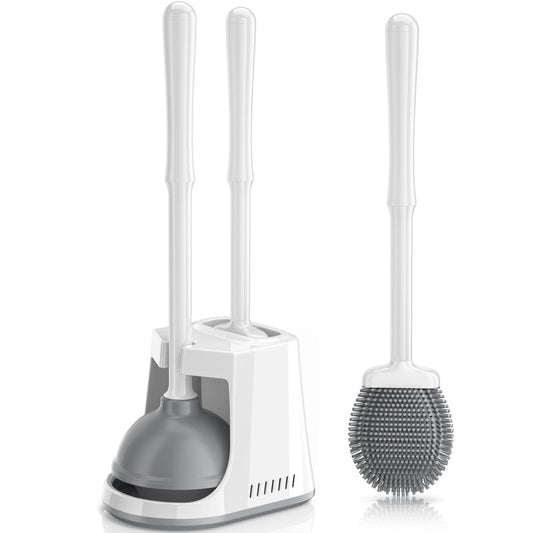 Unique Toilet Plunger and Brush, Silicone Brush and Heavy Duty Toilet Plunger Set with Ventilated Holder, 2-in-1 Toilet Brush and Plunger Combo for Bathroom Cleaning-New Pack (White)