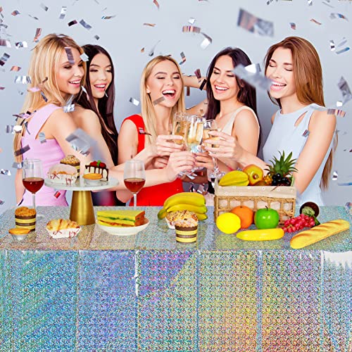 Silver Iridescent Plastic Tablecloths 4 Pack - Shiny Disposable Rectangular Covers